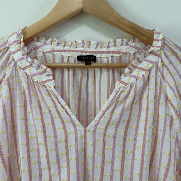 Talbots Jacquard Stripe Smocked Cuff Swiss Dot Blouse Size L Pink Yellow Cottage - Picture 4 of 9